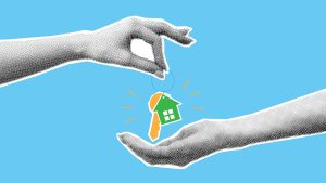 Real estate selling concept banner. Halftone hand gives keys to buyer. Creative collage with paper cut elements. Loan, mortgage or real estate business selling concept. Vector illustration.